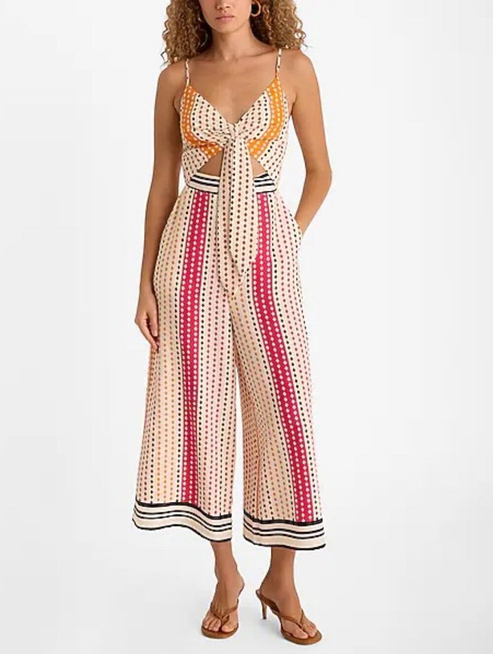 NWT Express AOP V-Neck Sleeveless Tie Front Cropped Wide Leg Jumpsuit XS